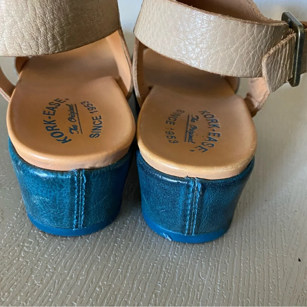 Kork-Ease leather wedge teal blue platform strap buckle sandals 8m